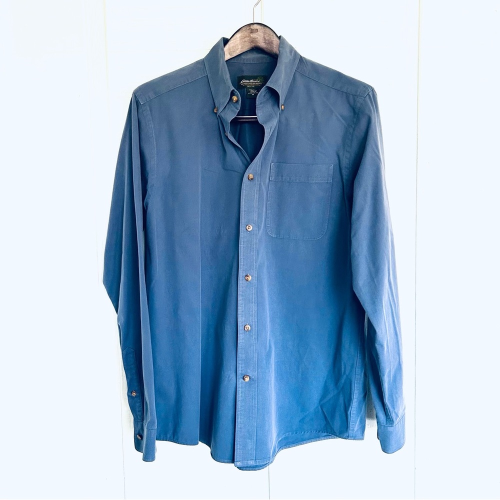 Eddie Bauer Mens Charcoal Blue Dress Shirt Size Medium In 100% Cotton